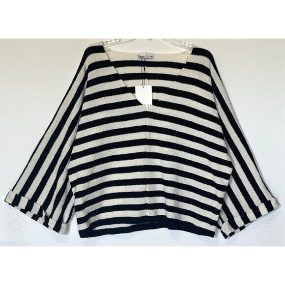 New Zara Black White Striped V-Neck Knit Relaxed Top Sweater - Picture 2 of 12